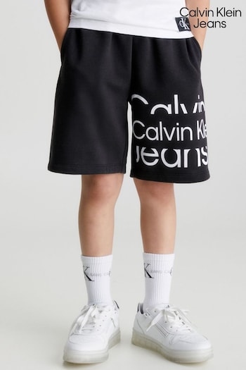 Calvin Pairs Klein Jeans Boys Black Blown-up Logo Joggers Shorts (M90085) | £55