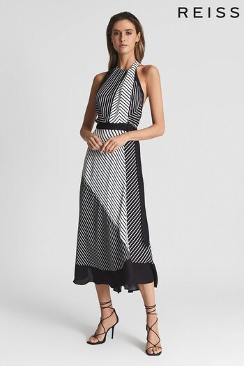 Reiss Black/White Ila Mono-Stripe Halter Occasion Dress (M90215) | £110