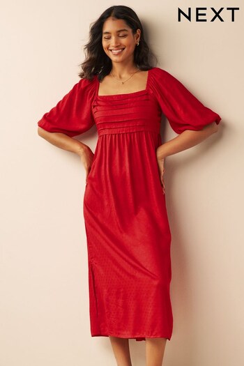 Red Pleated Front Puff Sleeve Cut-Out Back Dress (M90641) | £36