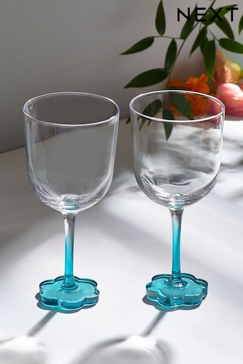 Set of 2 Teal Blue Flower Base Wine Glasses (M91050) | £18