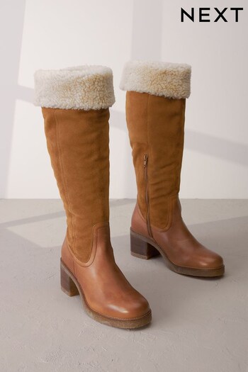 Tan Brown Signature Leather Forever Comfort® Faux Fur Knee High boots Baker (M91686) | £135