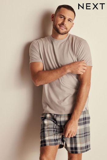 Neutral/Grey Brushed Cotton Check Short Pyjama Set (M91714) | £26
