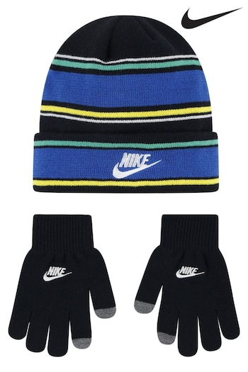 Nike Carnivore Black Kids Multi Stripe Beanie Hat and Gloves Set (M91947) | £25