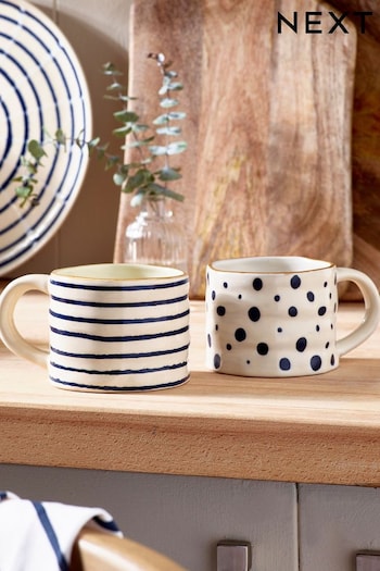 Set of 2 Navy Blue Spot and Stripe Mugs (M92244) | £14