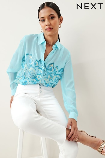 Blue Floral Placement Long Sleeve Print Sheer Shirt (M92356) | £32