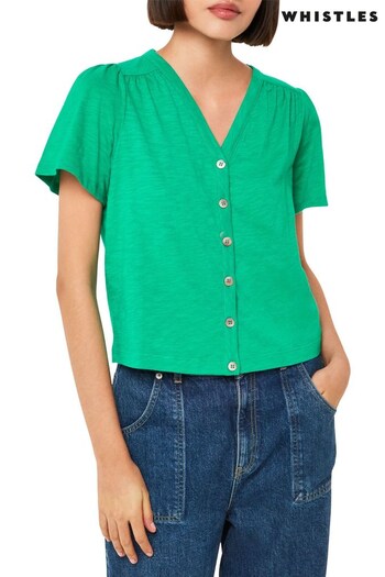 Whistles Green Maeve V-Neck Button Front T-Shirt (M92360) | £55