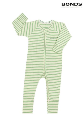 Bonds Green Stripe Print Ribbed Zip Sleepsuit (M92393) | £22