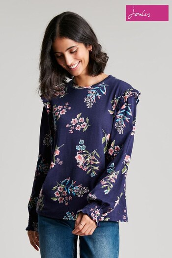 Joules Samara Blue Jersey Blouse With Frill Shoulder Detail (M92835) | £20