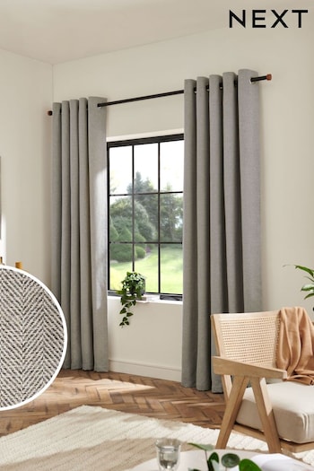 Grey Herringbone Weave Lined Eyelet Curtains (M93248) | £65 - £150