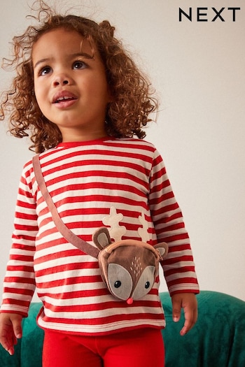 Red T-Shirt Long Sleeve Christmas Reindeer Bag T-Shirt (3mths-7yrs) (M93309) | £10 - £12