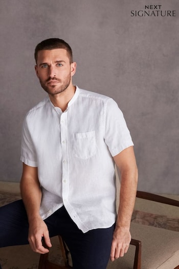 White Grandad Collar Signature 100% Linen Short Sleeve Shirt (M96377) | £35