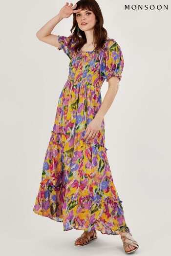 Monsoon Yellow Suzannah Metallic Print Maxi Dress (M96904) | £175