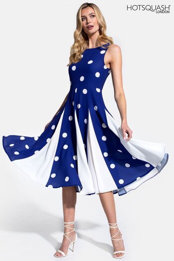 Hot Squash Womens Navy Polka Dot Pleat Midi Dress with Contrast Skirt (M98336) | £59