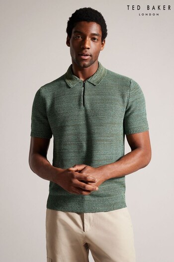 Ted Baker Green Blossam Regular Textured Zip Polo Shirt (M99334) | £89