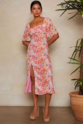 Chi Chi London Pink Square Neck Floral Midi Dress (M9F561) | £45