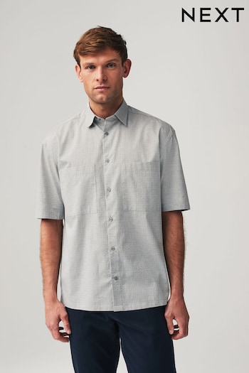 Light Grey Textured Cotton Short Sleeve Boxy Fit Shirt (MT8709) | £30