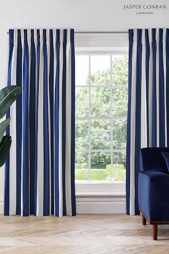Jasper Conran London Navy Pencil Pleat Woven Stripe Fully Lined Curtain (MYQ926) | £120 - £265