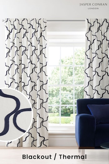 Jasper Conran London Navy Blue Pencil Pleat Blackout Wiggle Embroidered Curtain (MYY490) | £160 - £310