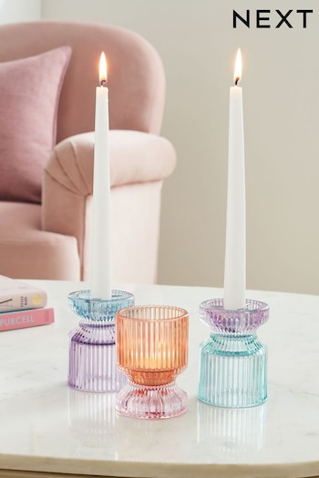 Set of 3 Multi Ribbed Glass Tealight and Taper Candle Holders (N00121) | £18