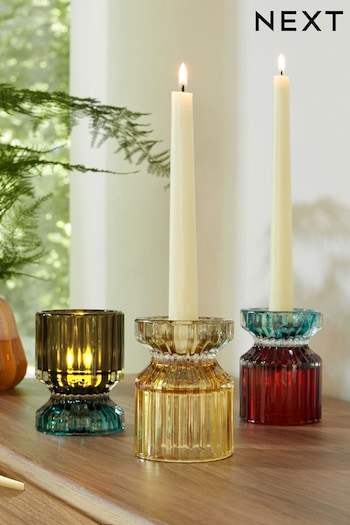 Set of 3 Multi Ribbed Glass Tealight and Taper Candle Holders (N00122) | £18