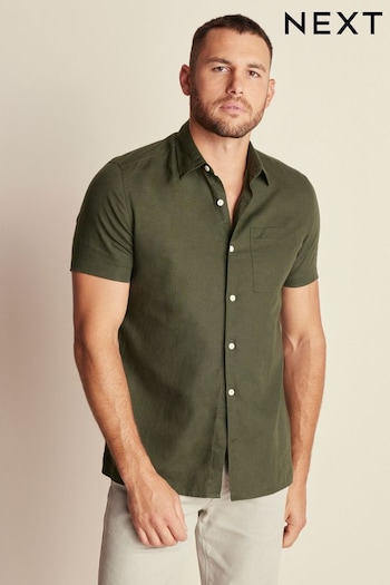 Dark Green Standard Collar Linen Blend Short Sleeve Shirt (N00182) | £28
