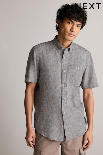 Grey Standard Collar Linen Blend Short Sleeve Shirt (N00184) | £28