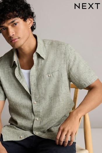 Green Standard Collar Linen Blend Short Sleeve Shirt (N00185) | £28