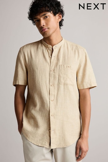 Neutral Grandad Collar Linen Blend Short Sleeve Shirt (N00186) | £28