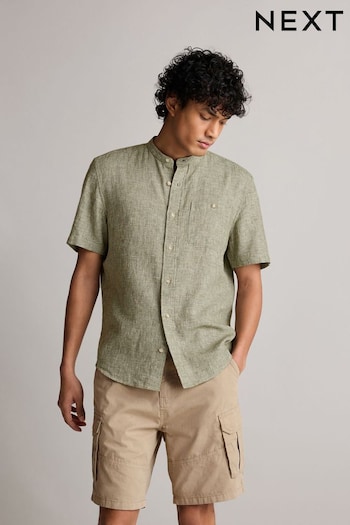 Green Grandad Collar Linen Blend Short Sleeve Shirt (N00190) | £28