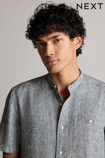 Grey Grandad Collar Linen Blend Short Sleeve Shirt (N00191) | £28