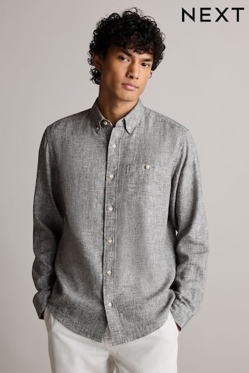 Grey Standard Collar Linen Blend Long Sleeve Shirt (N00194) | £30
