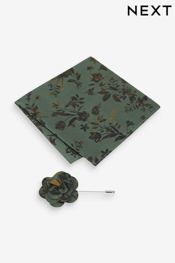 Forest Green Floral Occasion Pocket Square And Lapel Pin Set (N00250) | £10
