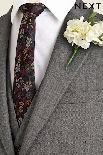 Burgundy Red Floral Slim Silk Wedding Tie (N00252) | £20