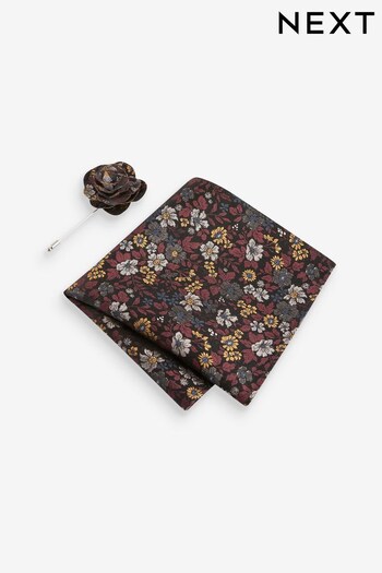 Burgundy Red Ditsy Floral Occasion Pocket Square And Lapel Pin Set (N00254) | £12