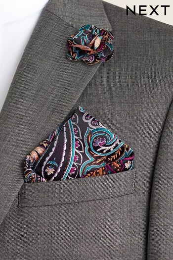 Multicoloured Burgundy Red Paisley Occasion Pocket Square And Lapel Pin Set (N00258) | £10