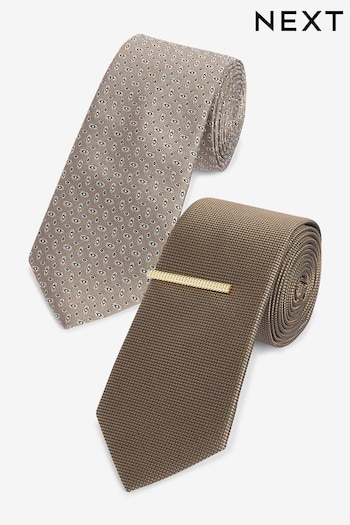 Neutral Brown Textured Tie With Tie Clips 2 Pack (N00265) | £20
