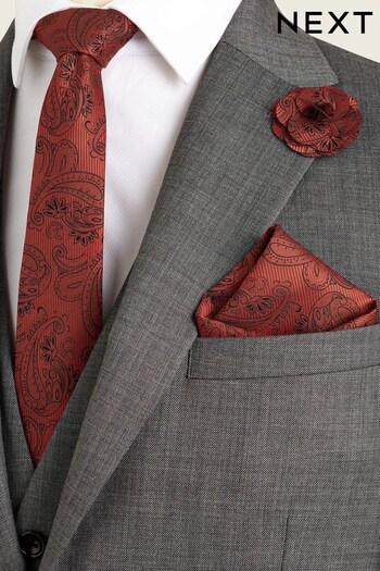 Rust Brown Paisley Slim Tie, Pocket Square And Lapel Pin Set (N00272) | £18