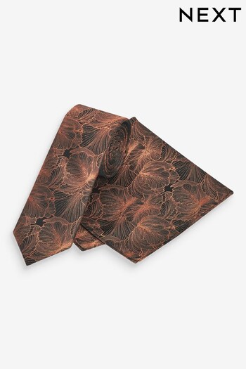 Rust Brown Floral Slim Tie And Pocket Square Set (N00273) | £16