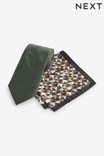 Forest Green Geometric Slim Tie And Pocket Square Set (N00291) | £16