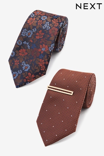 Rust Brown Polka Dot/Navy Blue Floral Textured Tie With Tie Clip 2 Pack (N00292) | £20