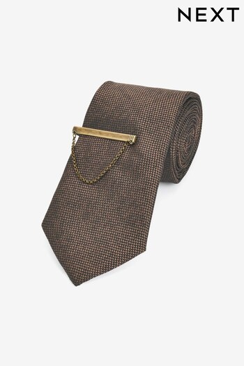 Chocolate Brown Slim Textured Tie And Clip (N00304) | £14