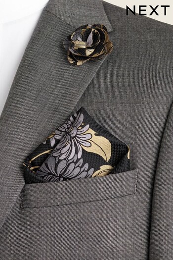 Black/Yellow Gold Floral Occasion Pocket Square And Lapel Pin Set (N00308) | £10