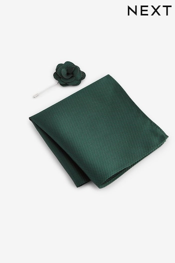 Forest Green Textured Silk Lapel Pin And Pocket Square Set (N00324) | £10