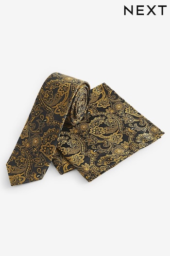 Black/Yellow Gold Paisley Slim Party Tie And Pocket Square Set (N00331) | £16