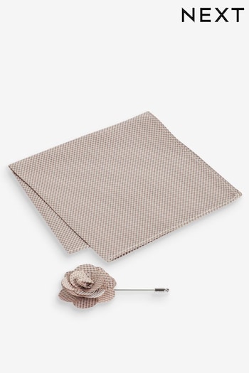 Neutral Brown Textured Silk Wedding Lapel Pin And Pocket Square Set (N00343) | £10