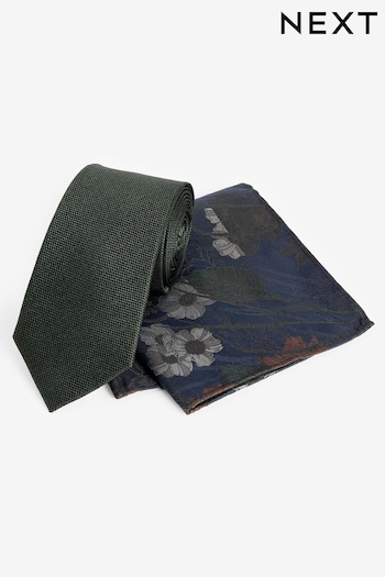 Forest Green/Navy Blue Floral Silk Tie And Pocket Square Set (N00354) | £26