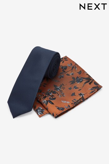 Navy Blue/Rust Brown Floral Slim Tie And Pocket Square Set (N00357) | £16