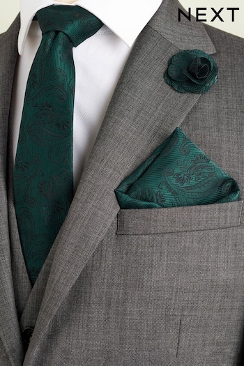 Forest Green Paisley Slim Tie Pocket Square And Lapel Pin Set (N00366) | £9