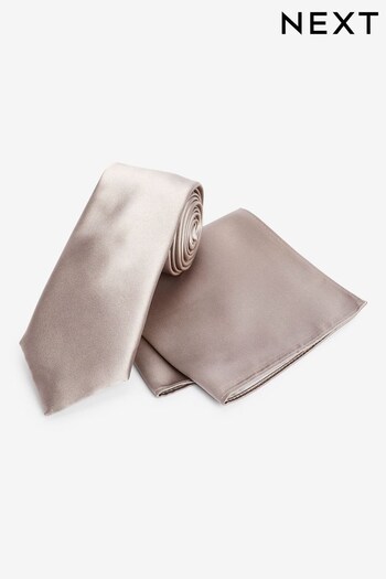 Neutral Brown Slim Satin Tie And Pocket Square Set (N00374) | £16