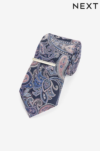 Blue Navy/Pink Paisley Pattern Tie with Tie Clip (N00378) | £14